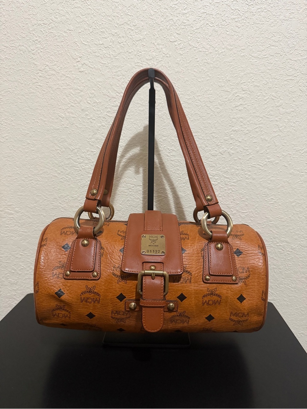 MCM Cognac Visetos Barrel Satchel with Gold Hardware